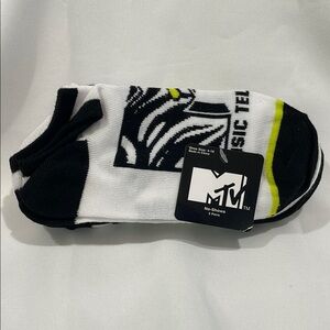 Viacom, 2021, Ladies, MTV Black, White, Green, Animal Print, Logo, Ankle Socks